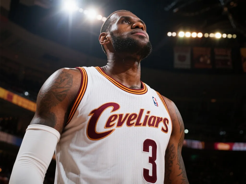 勒布朗·詹姆斯身穿克利夫兰骑士球衣，站在聚光灯下